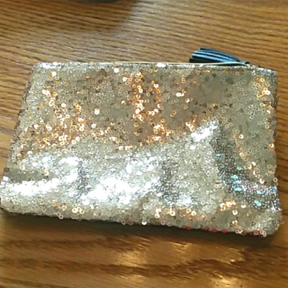 Ipsy Gold sequin, coral, and gray makeup cosmetic zip bags new